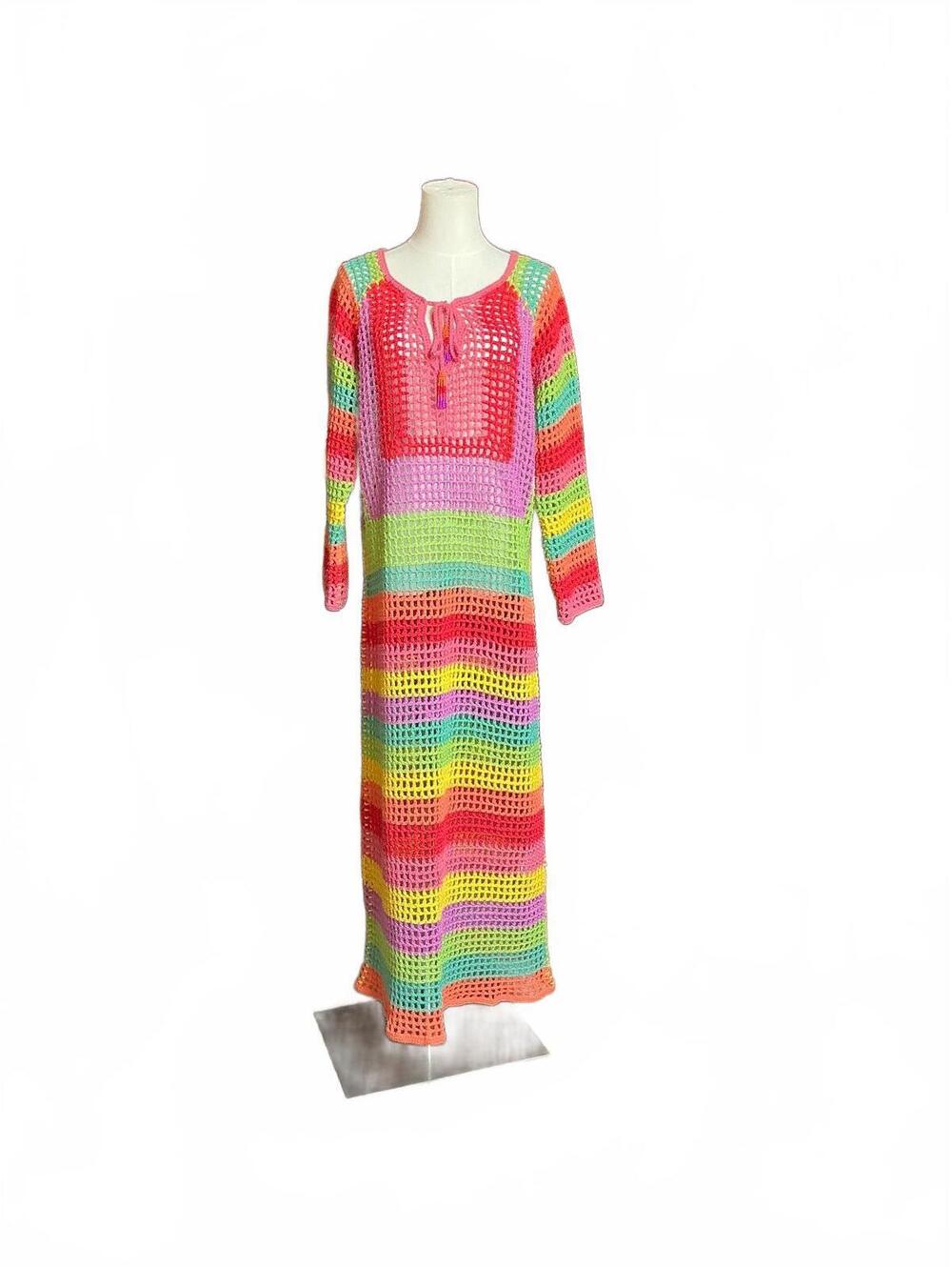 Farm Rio Colorful Crochet Maxi Dress with Beaded Tie